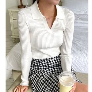 White Rib Knit Polo Long Sleeve Sweater Shirt